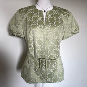 Isabella Suits 90s Sage Green White Short Sleeve Belt Snap Closure Suit Blazer